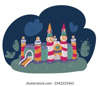 Cartoon vector illustration of Children's inflatable jumpy house castle over dark background