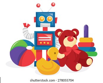 A cartoon vector illustration of children's toy collection like robots, ball, teddy bear and rubber duck.