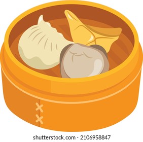 A cartoon vector illustration of chinese dumplings in a bamboo basket.