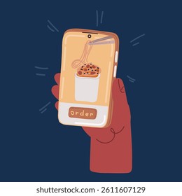 Cartoon vector illustration of Chinese food online order. Hand is holding a phone with noodle in the screen over dark background