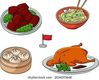 Cartoon vector illustration of a Chinese foods assortment