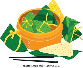 A cartoon vector illustration of chinese rice dumplings around a bamboo basket.