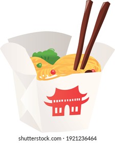 A Cartoon Vector Illustration Of Chinese Takeout Box With Noodle.