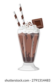 Cartoon vector illustration of a chocolate milkshake topped with whipped cream, cocoa crumbles and a chocolate bar piece on white.