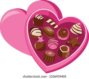 A cartoon vector illustration of chocolates in heart shape box.