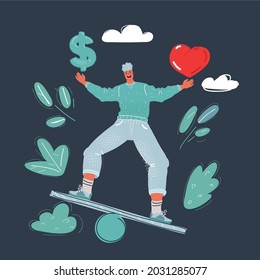 Dibujo vectorial de la elección entre amor y dinero, hombre equilibrado en su vida con un fondo oscuro.