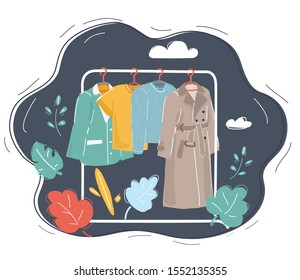 Cartoon vector illustration of Choice of clothes on hangers.