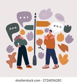 Cartoon vector illustration of Choice destination concept. Woman near colorful arrows at road. Solution and decision. Young guy near boards at crossroad.
