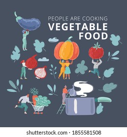 Cartoon vector illustration of chopping food vegetable ingredients. Tiny people in cooking process. Eggplant, pumpkin, tomato, onion, carrot, pan, broccoli, garlic. Man and woman on white background.