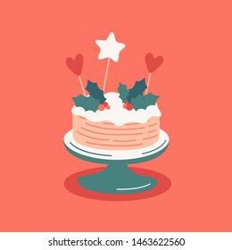 Cartoon vector illustration of Christmas cake with Holly leaves,heart and star decor on coral background. Festive concept of Xmas sweets in flat style