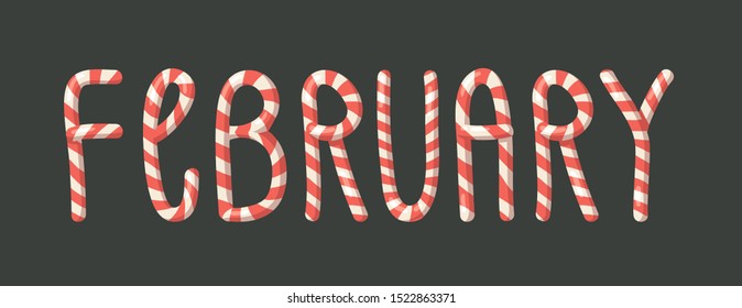 Cartoon vector illustration Christmas Candy Cane. Hand drawn font. Actual Creative Holidays sweet alphabet and word FEBRUARY