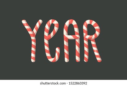 Cartoon vector illustration Christmas Candy Cane. Hand drawn font. Actual Creative Holidays sweet alphabet and word YEAR
