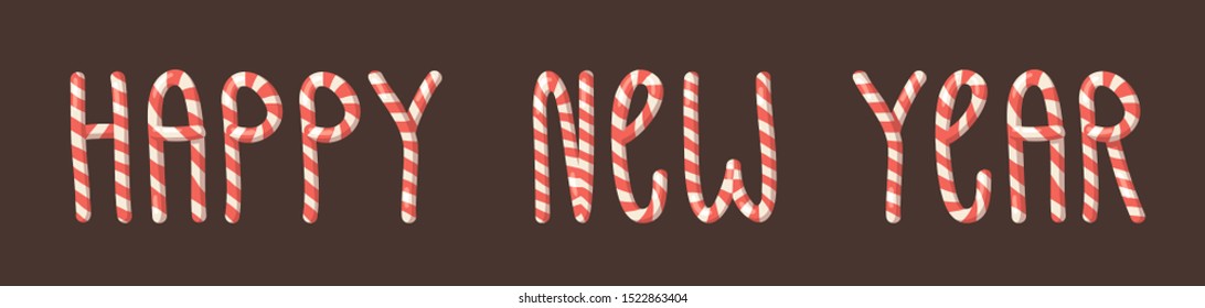 Cartoon vector illustration Christmas Candy Cane. Hand drawn font. Actual Creative Holidays sweet alphabet and words HAPPY NEW YEAR