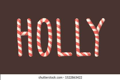 Cartoon vector illustration Christmas Candy Cane. Hand drawn font. Actual Creative Holidays sweet alphabet and word HOLLY