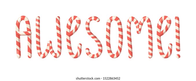Cartoon vector illustration Christmas Candy Cane. Hand  drawn font. Actual Creative Holidays sweet alphabet and word AWESOME!