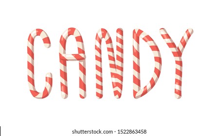 Cartoon vector illustration Christmas Candy Cane. Hand drawn font. Actual Creative Holidays sweet alphabet and word CANDY