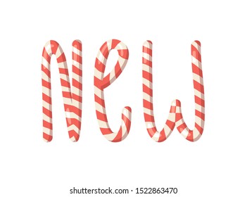 Cartoon vector illustration Christmas Candy Cane. Hand drawn font. Actual Creative Holidays sweet alphabet and word NEW