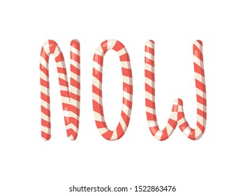 Cartoon vector illustration Christmas Candy Cane. Hand drawn font. Actual Creative Holidays sweet alphabet and word NOW
