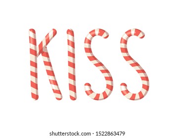 Cartoon vector illustration Christmas Candy Cane. Hand drawn font. Actual Creative Holidays sweet alphabet and word KISS