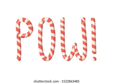 Cartoon vector illustration Christmas Candy Cane. Hand drawn font. Actual Creative Holidays sweet alphabet and word POW!