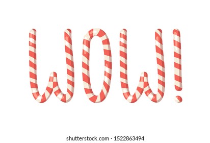 Cartoon vector illustration Christmas Candy Cane. Hand drawn font. Actual Creative Holidays sweet alphabet and word WOW!