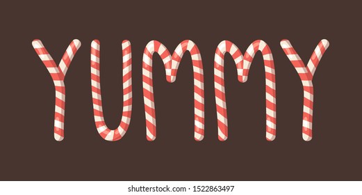 Cartoon vector illustration Christmas Candy Cane. Hand drawn font. Actual Creative Holidays sweet alphabet and word YUMMY