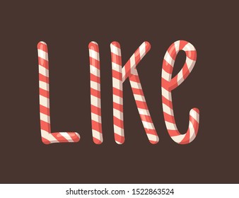 Cartoon vector illustration Christmas Candy Cane. Hand drawn font. Actual Creative Holidays sweet alphabet and word LIKE