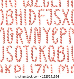 Cartoon vector illustration Christmas Candy Cane. Hand drawn seamless pattern with font. Creative Holidays sweet alphabet