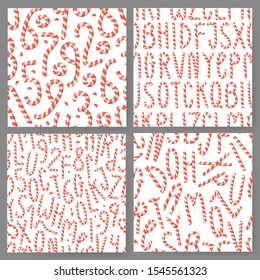 Cartoon vector illustration Christmas Candy Cane. Hand drawn set of seamless patterns with font. Actual Creative Holidays sweet alphabet and numbers