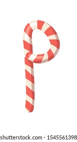 Cartoon vector illustration Christmas Candy Cane. Hand drawn font. Actual Creative Holidays sweet alphabet and letter P