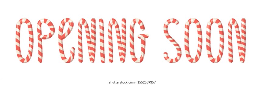 Cartoon vector illustration Christmas Candy Cane. Hand drawn font. Actual Creative Holidays sweet alphabet and word OPPENING SOON