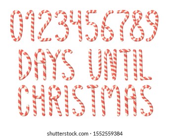 Cartoon vector illustration Christmas Candy Cane. Hand drawn font. Actual Creative Holidays sweet alphabet and text DAYS UNTIL CHRISTMAS and numbers