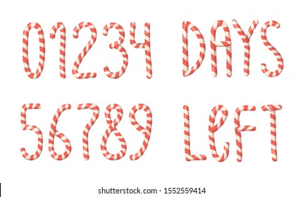 Cartoon vector illustration Christmas Candy Cane. Hand drawn font. Actual Creative Holidays sweet alphabet and word DAYS LEFT and numbers
