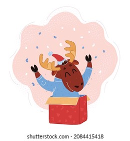 Cartoon vector illustration of christmas card with baby deer gift boxes