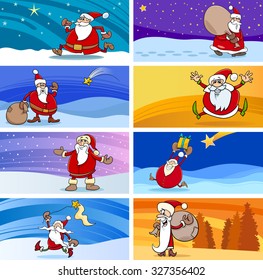 Cartoon Vector Illustration of Christmas Greeting Cards Set with Santa Claus or Papa Noel