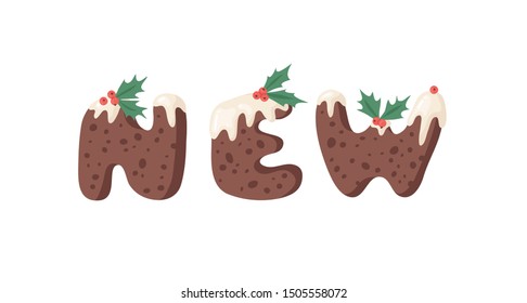 Cartoon vector illustration Christmas Pudding. Hand drawn font. Actual Creative Holidays bake alphabet and word NEW