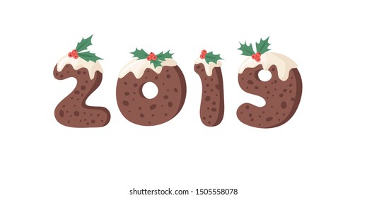 Cartoon vector illustration Christmas Pudding. Hand drawn font. Actual Creative Holidays bake alphabet and numbers 2019