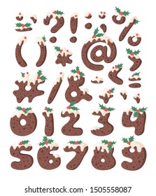 Cartoon vector illustration Christmas Pudding. Hand drawn font. Actual Creative Holidays bake alphabet, numbers and signs