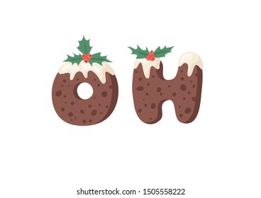 Cartoon vector illustration Christmas Pudding. Hand drawn font. Actual Creative Holidays bake alphabet and word OH