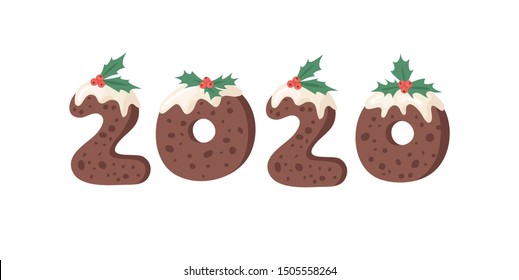 Cartoon vector illustration Christmas Pudding. Hand drawn font. Actual Creative Holidays bake alphabet and numbers 2020