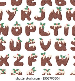 Cartoon vector illustration Christmas Pudding. Hand drawn seamless pattern with font. Actual Creative Holidays bake alphabet