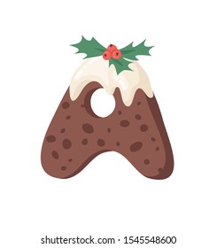 Cartoon vector illustration Christmas Pudding. Hand drawn font. Actual Creative Holidays bake alphabet and letter A