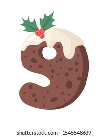 Cartoon vector illustration Christmas Pudding. Hand drawn font. Actual Creative Holidays bake alphabet and number 9