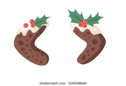 Cartoon vector illustration Christmas Pudding. Hand drawn font. Actual Creative Holidays bake alphabet and sign  triangular brackets
