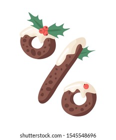 Cartoon vector illustration Christmas Pudding. Hand drawn font. Actual Creative Holidays bake alphabet and sign percent