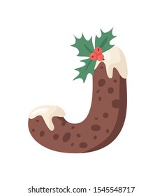 Cartoon vector illustration Christmas Pudding. Hand drawn font. Actual Creative Holidays bake alphabet and letter J
