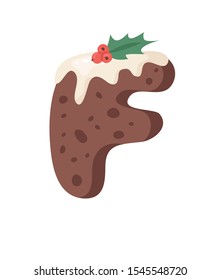 Cartoon vector illustration Christmas Pudding. Hand drawn font. Actual Creative Holidays bake alphabet and letter F