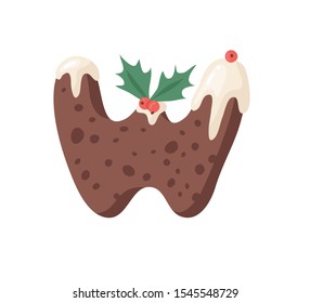 Cartoon vector illustration Christmas Pudding. Hand drawn font. Actual Creative Holidays bake alphabet and letter W