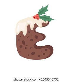 Cartoon vector illustration Christmas Pudding. Hand drawn font. Actual Creative Holidays bake alphabet and letter E
