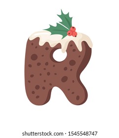 Cartoon vector illustration Christmas Pudding. Hand drawn font. Actual Creative Holidays bake alphabet and letter R